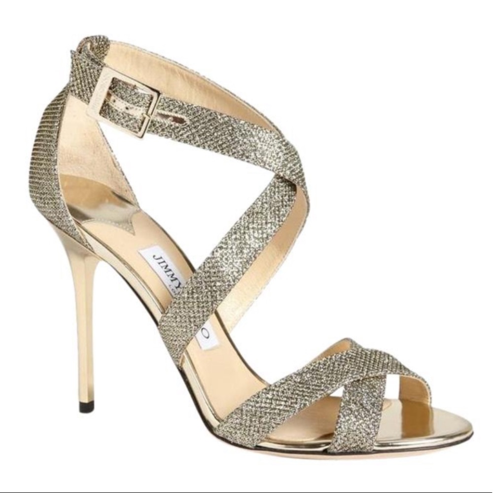 JIMMY CHOO Metallic Glitter Ankle Strap Sandals